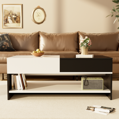 Moderner Couchtisch mit 2 Schubladen – Schwarz-Weiß-Design, Stauraum, Hochglanz-Tischplatte, 100 cm lang