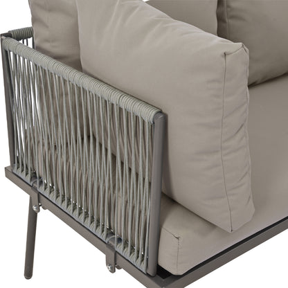 Garten-Lounge-Set aus Eisen, Gartenmöbel-Set aus grauem Seil, L-förmiges Gartenmöbel-Set, Lounge-Set aus grauem Seil mit Sitzkissen, verstellbaren Füßen, 2 Sofas und 1 Tisch