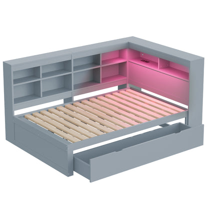 Massivholz-Doppelbett 140x200 Weiß mit LED & USB - Multifunktionales Sofa-Bett mit großen Schubladen, Ablagefächern & viel Stauraum, Grau