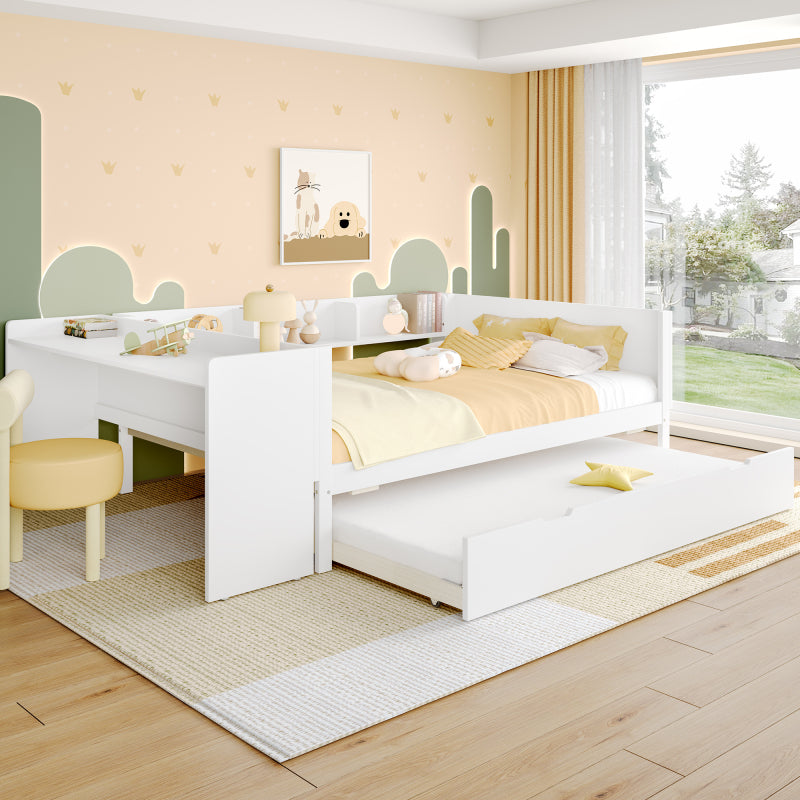 Flachbett, Holzbett, 140x200cm, mit Schreibtisch, ausgestattet mit 2 Schubladen, Doppelbett(Ohne Matratze), mit Regalen, Kiefer + Spanplatte, Rosa