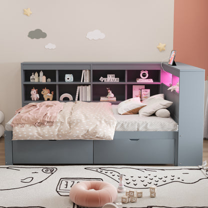 Massivholz-Einzelbett 90x200 Weiß mit LED & USB-Steckdose - Multifunktionales Schlafsofa mit Regalen, Ablagefächern & viel Stauraum, Grau