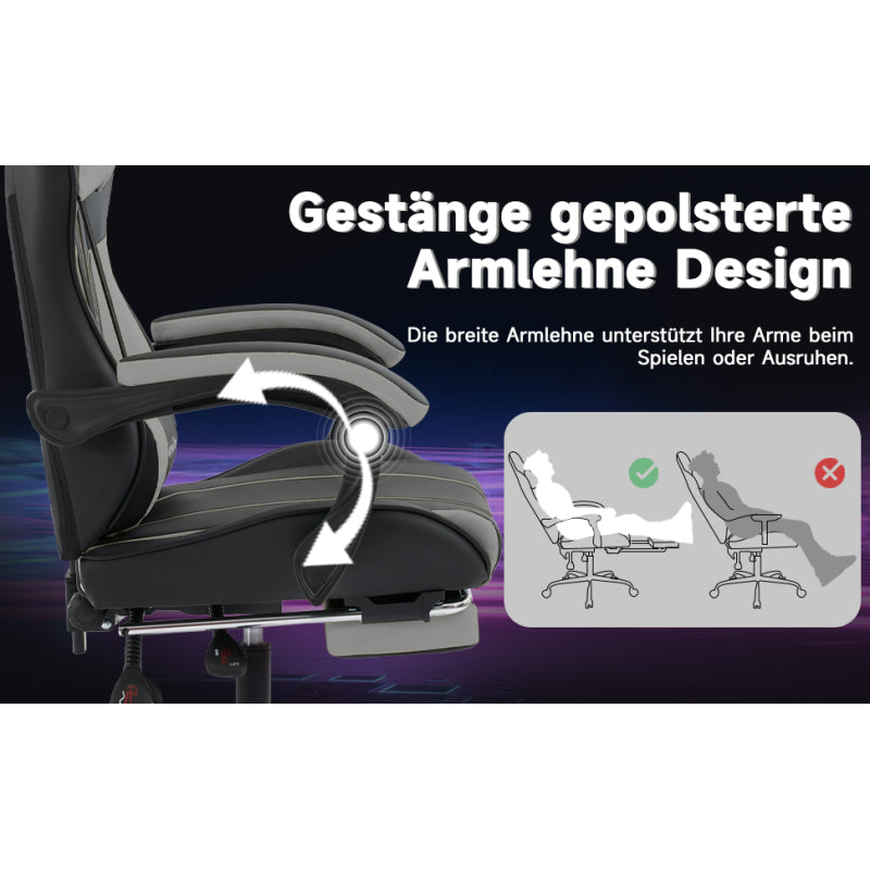 Gaming Stuhl Computerstuhl Ergonomischer Gaming Chair mit Fußstütze Bürostuhl Ergonomischer Computerstuhl mit Lendenwirbelstütze BlackGrey