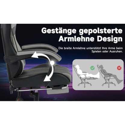 Gaming Stuhl Computerstuhl Ergonomischer Gaming Chair mit Fußstütze Bürostuhl Ergonomischer Computerstuhl mit Lendenwirbelstütze BlackGrey