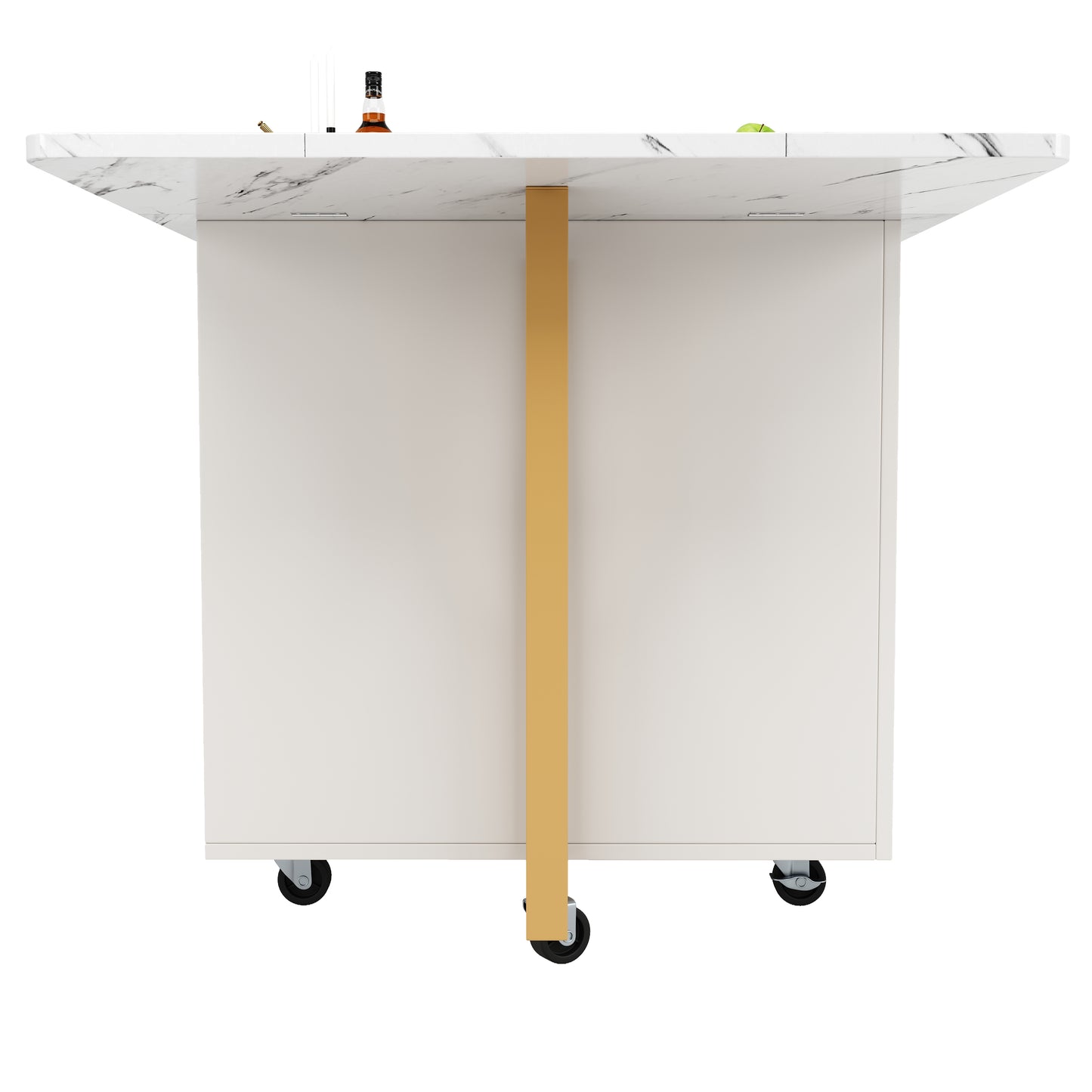 Tragbarer Esstisch, klappbare Tischplatte, marmorierte Tischplatte, geeignet für Esszimmer, Wohnzimmer, verstellbare Trennwände, große Ablagefächer, 6 Rollen (2 feststellbar), goldene Tischbeine