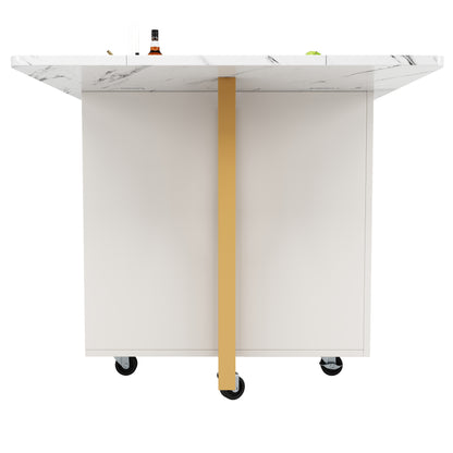 Tragbarer Esstisch, klappbare Tischplatte, marmorierte Tischplatte, geeignet für Esszimmer, Wohnzimmer, verstellbare Trennwände, große Ablagefächer, 6 Rollen (2 feststellbar), goldene Tischbeine