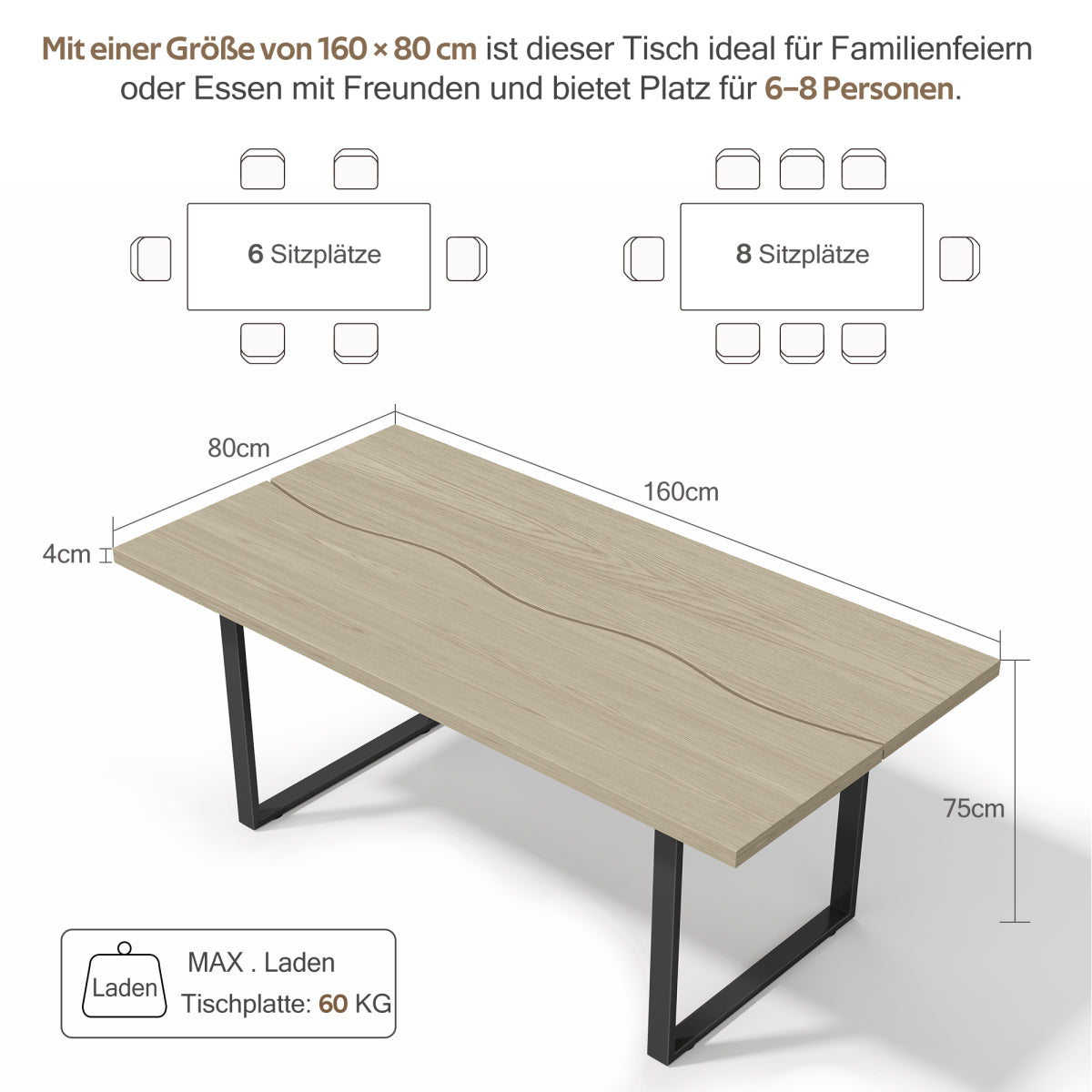 Esstisch 160x80 cm (6-8 Personen), Küchentisch Modern, S-Form Metallgestell, 4 cm Tischplatte, Verstellbare Füße