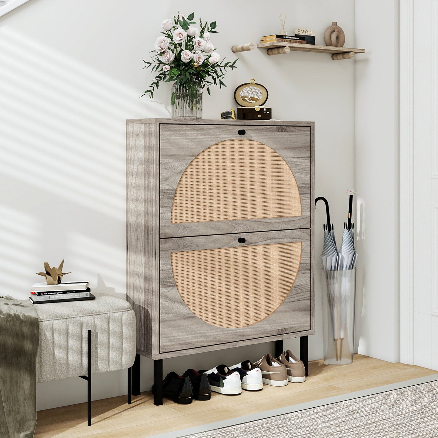 Schuhschrank mit zwei Türen, austauschbaren halbrunden Türfronten und Rattan-Oberfläche, geeignet für den Eingangsbereich und andere Szenen, Retro-grauer