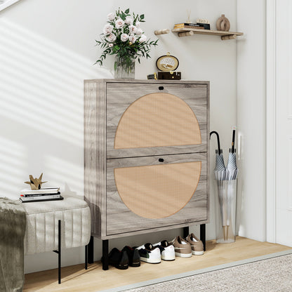 Schuhschrank mit zwei Türen, austauschbaren halbrunden Türfronten und Rattan-Oberfläche, geeignet für den Eingangsbereich und andere Szenen, Retro-grauer