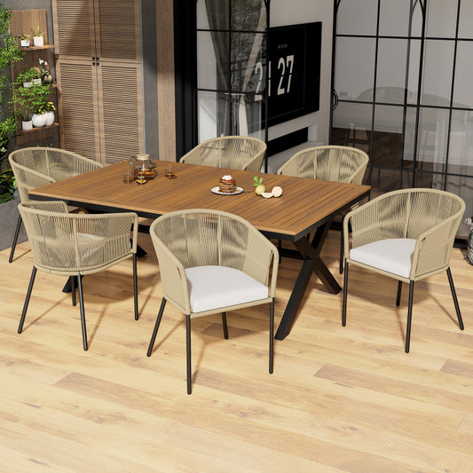 Garten-Essgruppe, 7-tlg, Garten-Lounge-Set aus Seil, 6 Sessel und 1 Tisch, Tisch aus Akazienholz, Mit Fußpolstern und sechs Sitzkissen, abnehmbar und waschbar