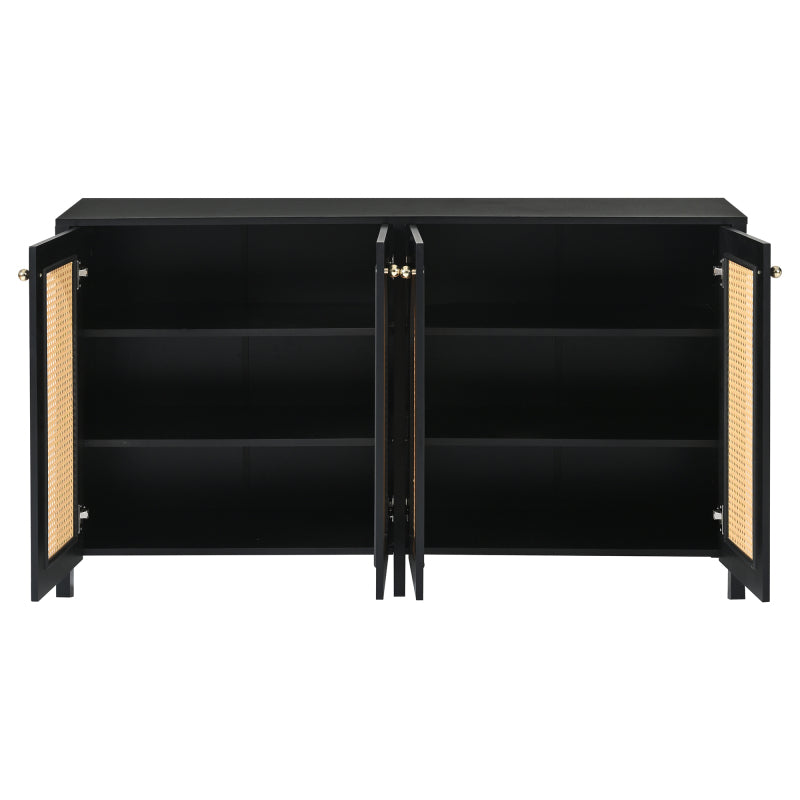 Modernes Sideboard im minimalistischen Stil 4-Rattantür, Metallgriff einfaches Buffetschrank für Esszimmer, Wohnzimmer, Küche (Schwarz)