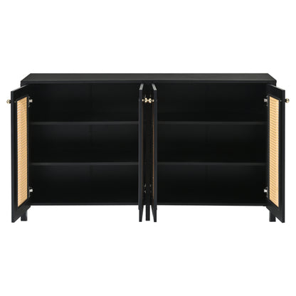 Modernes Sideboard im minimalistischen Stil 4-Rattantür, Metallgriff einfaches Buffetschrank für Esszimmer, Wohnzimmer, Küche (Schwarz)