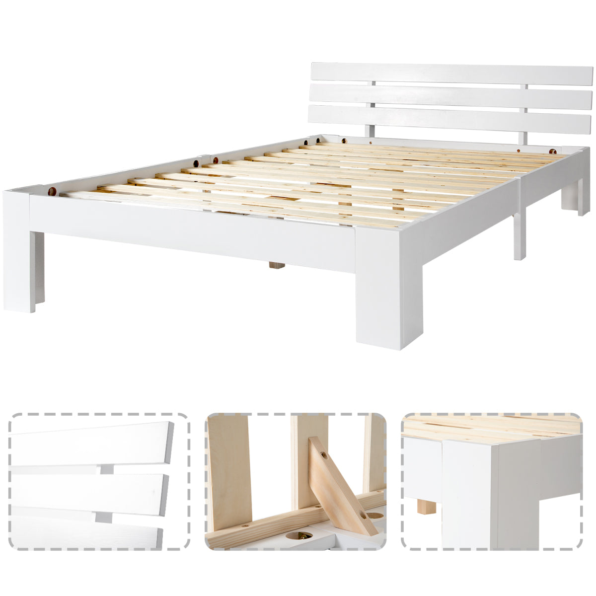 Bett 140x200 Holzbett Kiefer Massiv, Bettgestell mit Lattenrost, 150kg Tragkraft, Stauraum 18cm, White