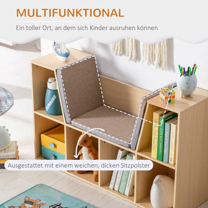 Kinderregal Bücherregal mit Sitzhocker Kindersitzbank mit 6 Fächern Sitztruhe mit 3 Kissen Spielzeugkiste ab 3 Jahren Grau+Natur