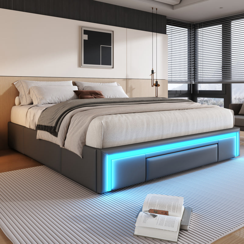 Bettgestell 160X200 mit Schubladen, PU-Leder Bett ohne Kopfteil Mit LED-Lichtleiste, MetalllattenPlattformbett für moderne Schlafzimmer Grau