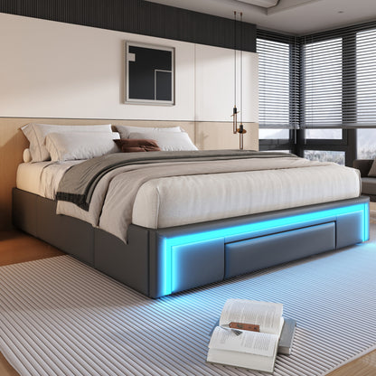 Bettgestell 160X200 mit Schubladen, PU-Leder Bett ohne Kopfteil Mit LED-Lichtleiste, MetalllattenPlattformbett für moderne Schlafzimmer Grau