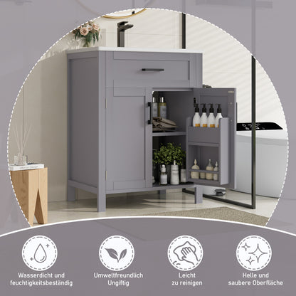 Bodenstehender Badezimmerschrank mit Waschbecken,Waschtisch,Volllackierung, integriertes Keramik Waschbecken,Grau