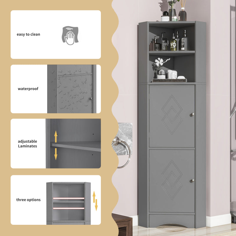 Badschrank, Badmöbel, Eckschrank mit zwei Ablagefächern, offenes Fach mit verstellbarem Einlegeboden, 36.5x 36.5 x 155 cm, hellgrau