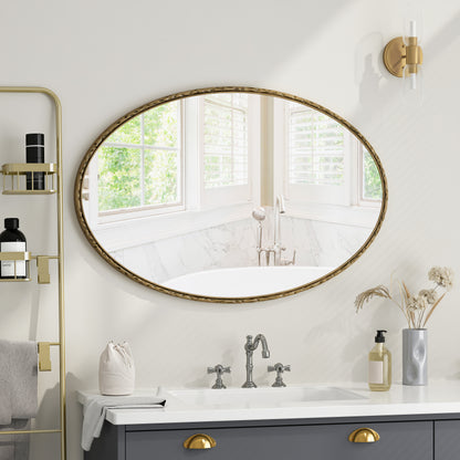 Iron Art Oval Retro Mirror, Antique Effect, Wall Hanging, Suitable For Bathroom, Bedroom, Living Room (Gold)