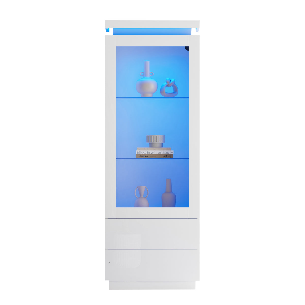 Weiß Hochglanz Vitrine 60x40x171cm mit App-LED & 2 Schubladen, Glasvitrine Hochschrank mit Acryltür, Standregal Wohnzimmerschrank