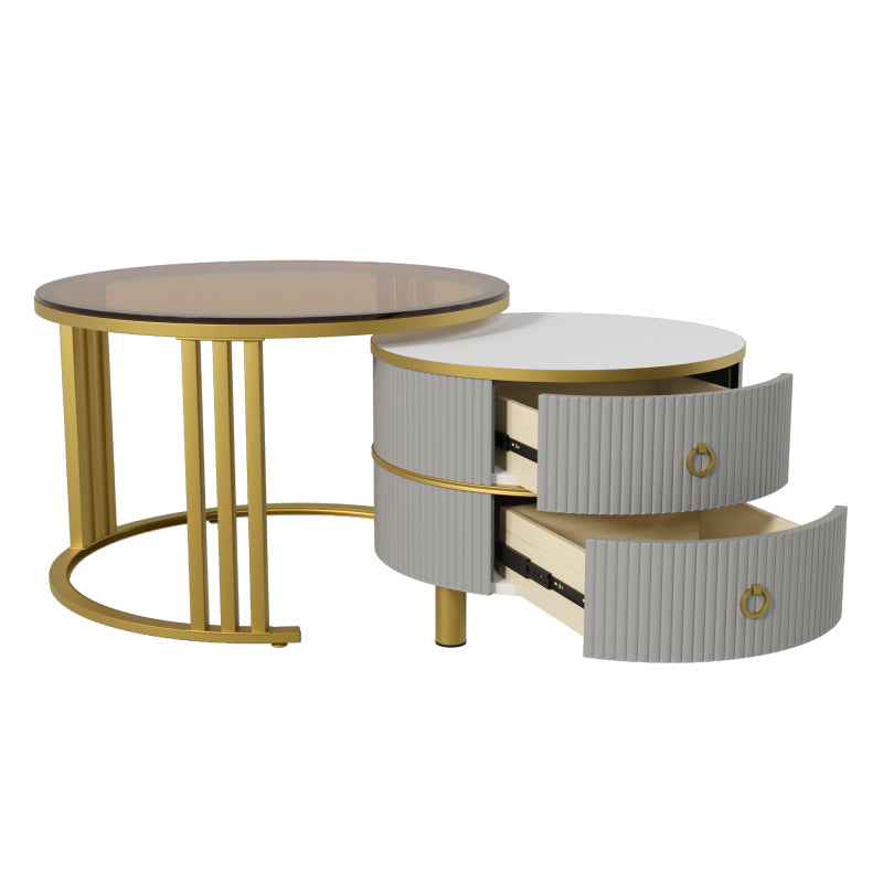 2-in-1 runder MDF-Couchtisch, Beistelltisch mit 1 Hochglanz-Tischplatte und 1 brauner Tischplatte aus gehärtetem Glas, Wohnzimmer-Couchtischkombination mit 2 Schubladen, 70*70*45 + 50*50*40 cm