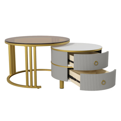 2-in-1 runder MDF-Couchtisch, Beistelltisch mit 1 Hochglanz-Tischplatte und 1 brauner Tischplatte aus gehärtetem Glas, Wohnzimmer-Couchtischkombination mit 2 Schubladen, 70*70*45 + 50*50*40 cm