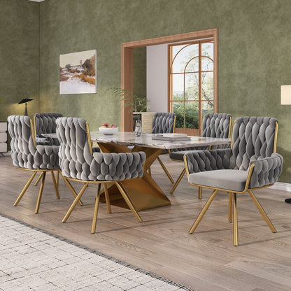 Samt-Esszimmerstuhl, 4er set, Sessel, einzelner luxuriöser Wohn- und Schlafzimmer-Drehstuhl, Freizeit-Drehstuhl mit vier Stützbeinen aus Metall, grau