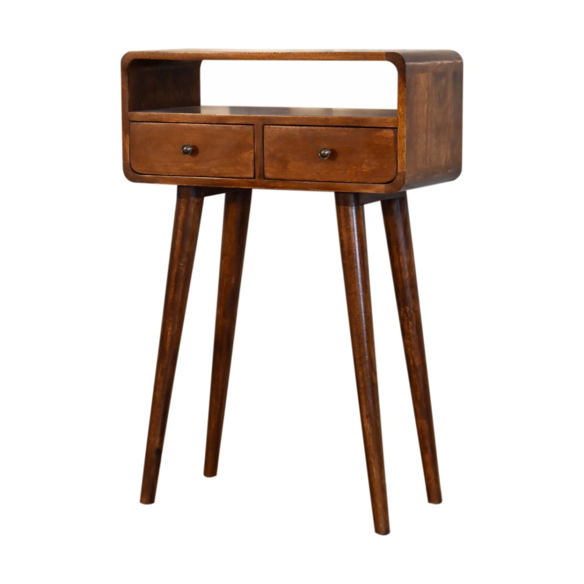 Mini-Konsolentisch aus massivem Mangoholz – Kastanienbraun, 2 Schubladen & offenes Fach, Handgefertigt, PSK-System, 60x30x90 cm