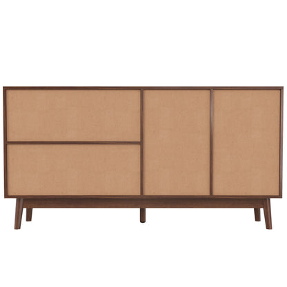 Sideboard mit 3 Schiebetüren aus echtem Rattan und 2 Schubladen, 155x38x80 cm, atmungsaktiv, stabil und vielseitig
