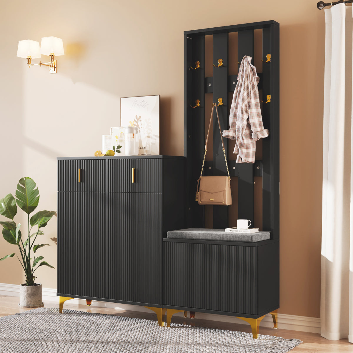 Garderoben-Set mit Schuhschrank & Sitzbank, Wellenfront, Push-to-Open, goldene Haken & Füße, Schwarz