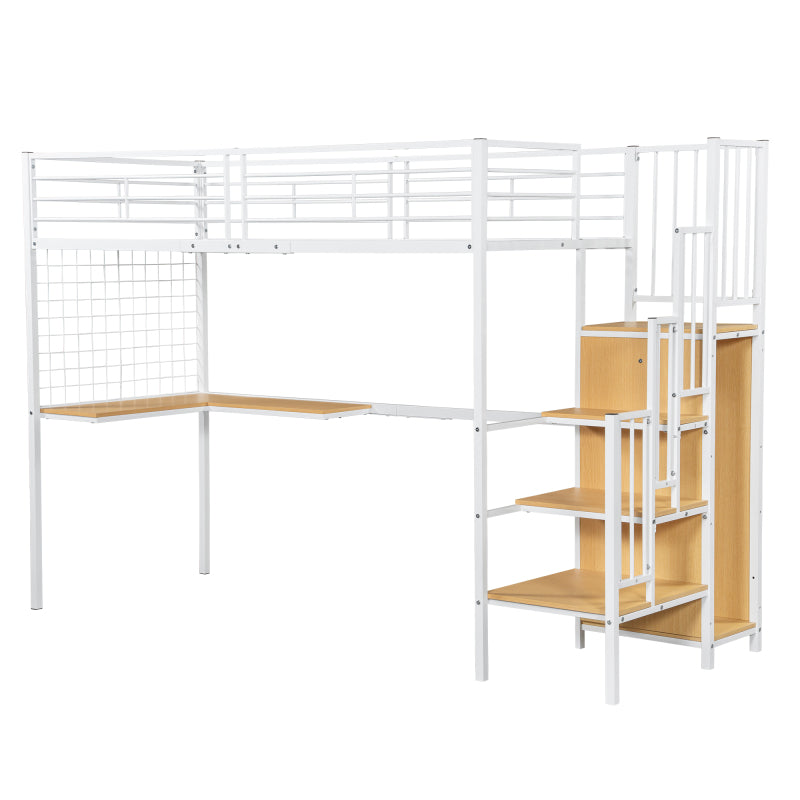 Eisenbett, Etagenbett, Hochbett, Geeignet für Kinder und Jugendliche, mit Tisch und Kleiderschrank, Seitenleiter mit Handlauf, Eisen+Spanplatte, Weiß+Natur, 90x200cm