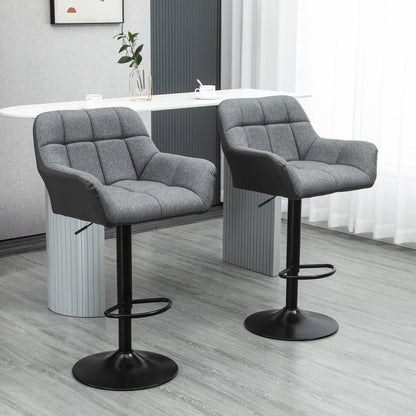Barhocker küche 2er-Set Höhenverstellbar 360° drehbar mit Lehne und Fußstütze, Leinenoptik, bis 120 kg, 57,5 x 52,5 x 93-114 cm, Grau