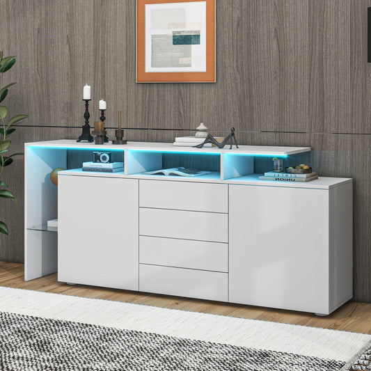 Kommode, Sideboard mit LED, Wohnzimmermöbel in Weiß Hochglanz, Wohnzimmerschrank, Standschrank, TV-Schrank, Wohnzimmerwand, Highboard, Mehrzweckschrank, LED-Vitrine, Buffetschrank Esszimmer