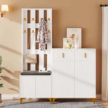 Garderoben-Set mit Schuhschrank & Sitzbank, Wellenfront, Push-to-Open, goldene Details, Weiß