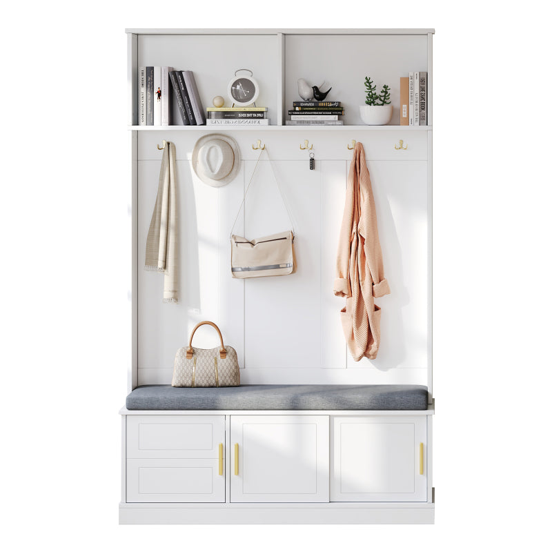 Garderobenständer mit  Schuhbank, Garderobe,  6 Dreifach-Haken,freistehend, platzsparend, für Eingangsbereich,Flur, Weiß