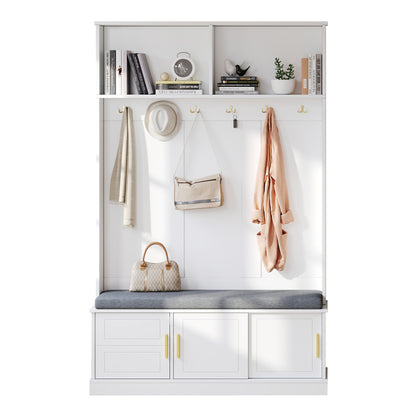 Garderobenständer mit  Schuhbank, Garderobe,  6 Dreifach-Haken,freistehend, platzsparend, für Eingangsbereich,Flur, Weiß