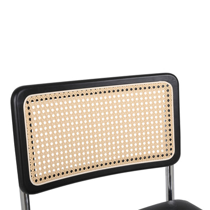 Mittelalterliche moderne Esszimmerstühle, ein Satz von 2-Rattan Esszimmerstühlen mit weichen gepolsterten Kunstlederelementen, armlose Mesh Rückenlehne Rattan Stühle, Metall Chrom Beine(Black)