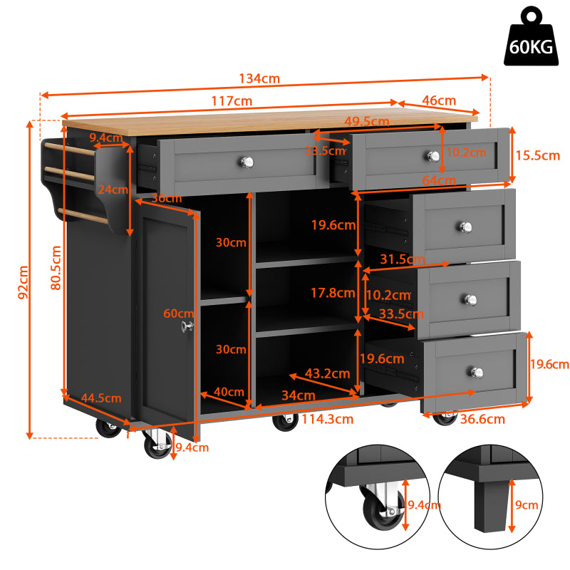 Speisewagen (134 x 46 x 92 cm), moderner und einfacher schwarzer Speisewagen, Schubladen-Aufbewahrungsschrank-Kombination, mobiles und festes Dual-Use-Design, geeignet für Heimküchen