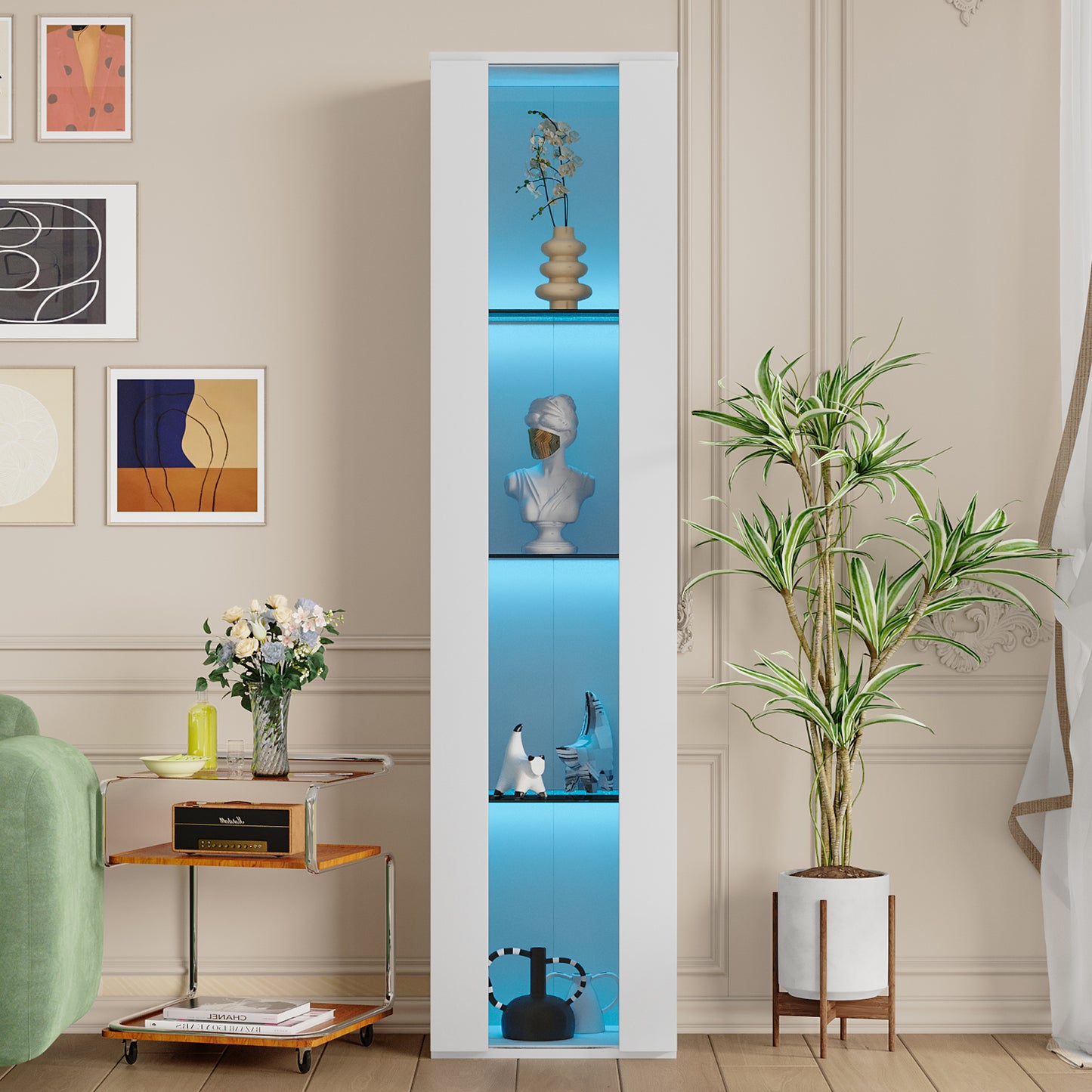 multifunktionale Vitrine, Glastrennwand, LED-Farbwechsel Licht, schlichtes Design, weiß