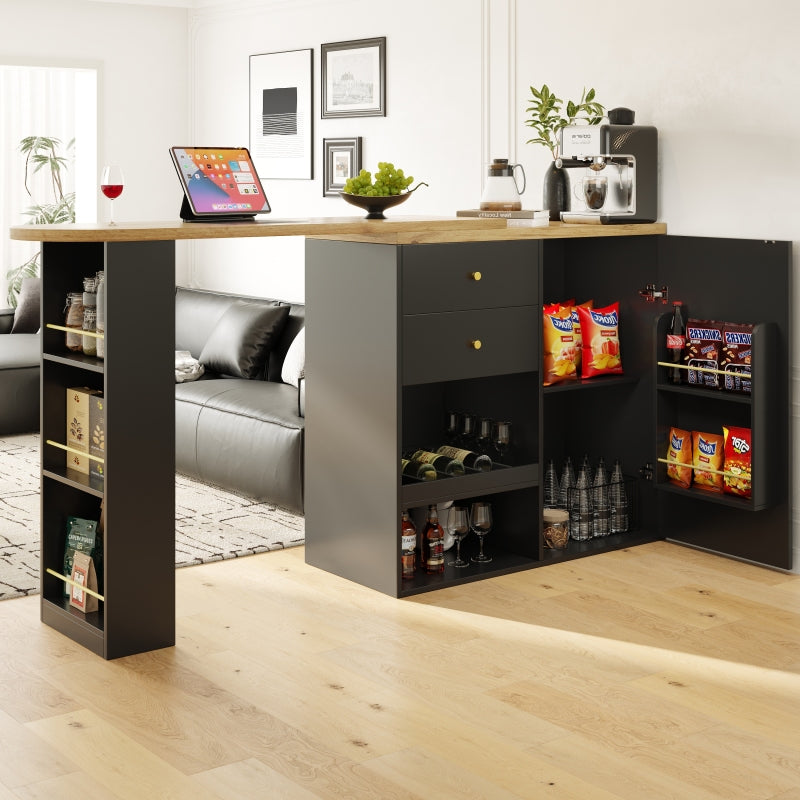 Um 360° drehbarer Bartisch (Hauptkörper 105 x 39 x 102 cm), mit 2 Schubladen und Schiebetürschrank, 3 Ebenen offener Stauraum, geeignet für Esszimmer/Arbeitszimmer/Wohnzimmer usw