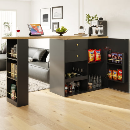 Um 360° drehbarer Bartisch (Hauptkörper 105 x 39 x 102 cm), mit 2 Schubladen und Schiebetürschrank, 3 Ebenen offener Stauraum, geeignet für Esszimmer/Arbeitszimmer/Wohnzimmer usw