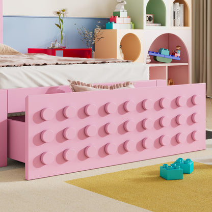 Holzbett Einzelbett 90x200 cm, Kinderbett Jugendbett mit Kreativem Block Design, Massivholz Bettgestell mit Lattenrost, mit Schubladen & Unterm Bett Stauraum, Rosa, Ohne Matratze