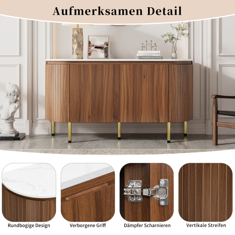 Moderner Bogenförmiger Sideboard mit verstellbaren Regalen und Metallbeinen, ideal für Wohnzimmer und Esszimmer (Nussbaum)