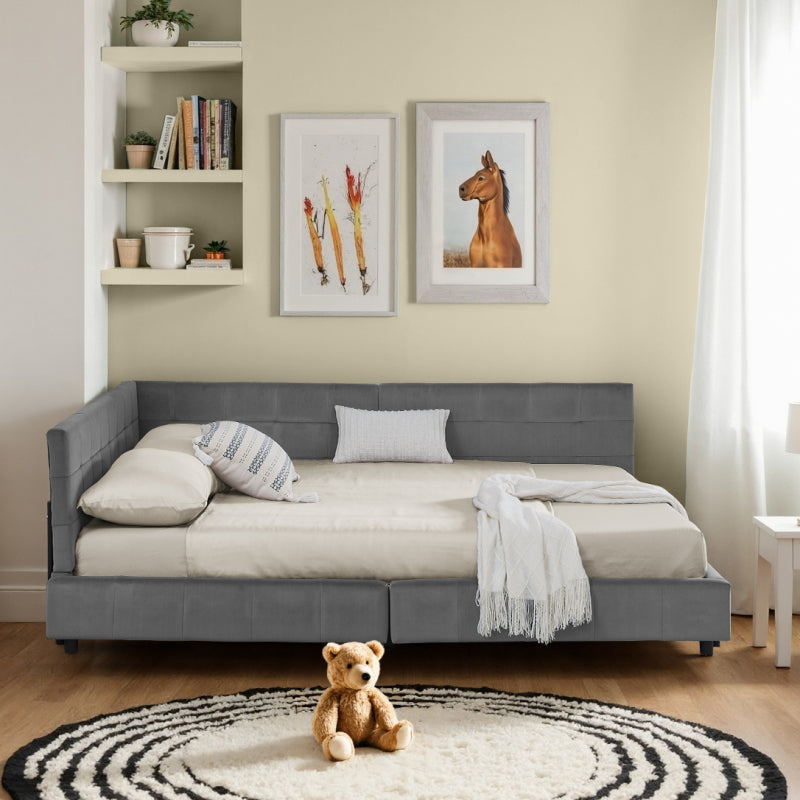 Doppelbett 160x200 cm weiches hautfreundliches Samt, L-förmiges Eck Bettgestell, robuste Eukalyptus- und Eisenlatten, Dark Gray (ohne Matratze)