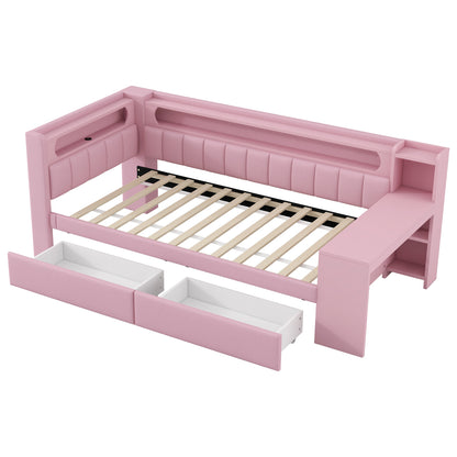 Daybed 90x200, Rosa, USB, LED-Beleuchtung, Schreibtisch & 2 Schubladen