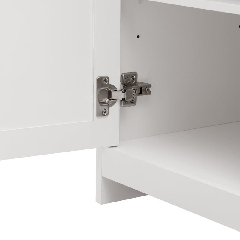 Sideboard mit weißer Holzmaserung, vier Türen, mit drei Schubladen, Wohnzimmer, Esszimmer. Holzfarbe und Weiß