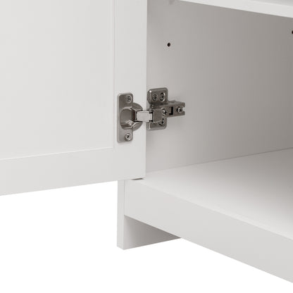 Sideboard mit weißer Holzmaserung, vier Türen, mit drei Schubladen, Wohnzimmer, Esszimmer. Holzfarbe und Weiß