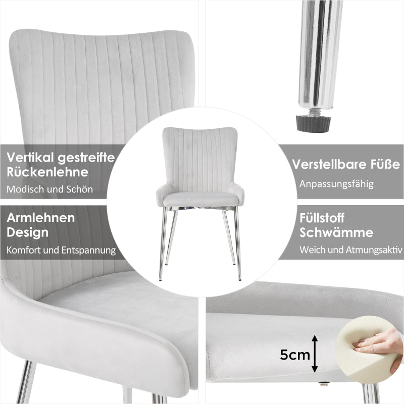 Samt-Esszimmerstuhl, 2er-Set, luxuriös, Wohnzimmer, Schlafzimmer, Lounge-Stuhl mit vier Silberne Metallstützbeinen, Lendenwirbelstütze,Grau