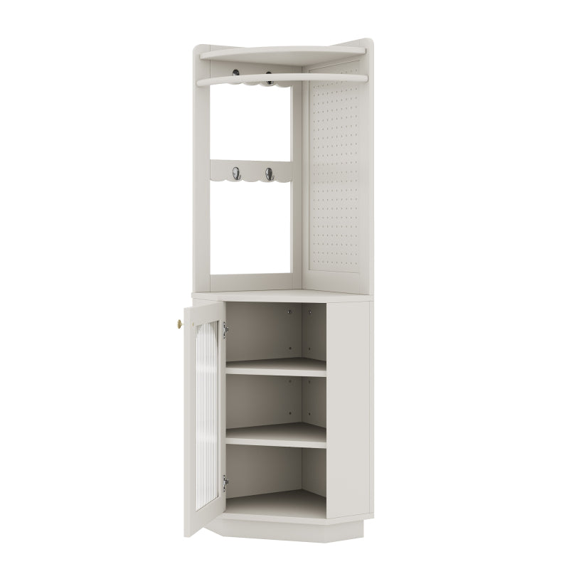 Badschrank mit Lichtleiste, Badmöbel, Eckschrank mit Staufach, offenes Fach mit Haken, mit verstellbaren Einlegeböden, 45 x 45 x 166,6 cm, weiß