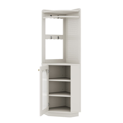 Badschrank mit Lichtleiste, Badmöbel, Eckschrank mit Staufach, offenes Fach mit Haken, mit verstellbaren Einlegeböden, 45 x 45 x 166,6 cm, weiß