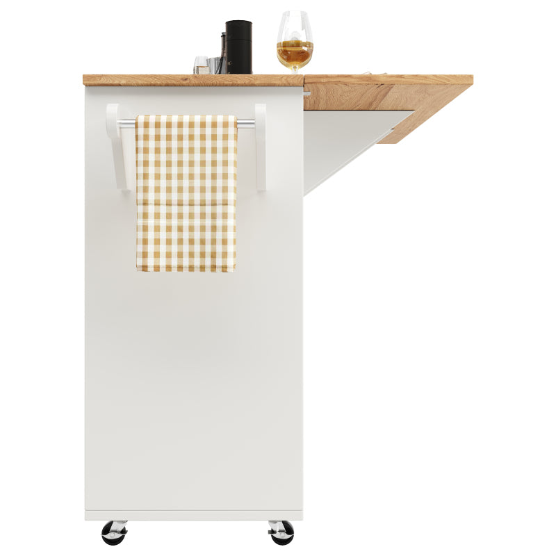 Kücheninsel mit herausnehmbaren Trennwänden, Küchenschrank, Esszimmerwagen mit Arbeitsplatte, Buffetschrank, Esszimmerwagen mit Holzmaserung, seitlicher Handtuchhalter mit Flaschenhalter, weiß